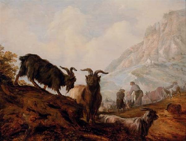 Jacobus Mancadan Peasants and goats in a mountainous landscape China oil painting art